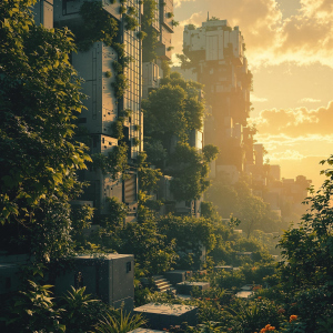 Muted sunset lighting illuminates a futuristic cityscape blended with lush vegetation. In the foreground, giant building blocks. The scene embodies a harmonious integration of nature and technology.