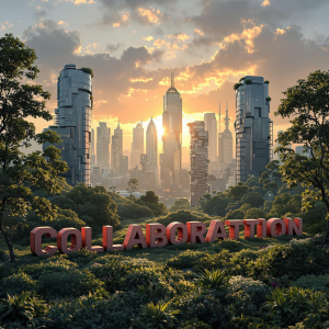 Muted sunset lighting illuminates a futuristic cityscape blended with lush vegetation. In the foreground, giant building blocks form the words \”Marketing\” and \”Collaboration\”. The scene embodies a harmonious integration of nature and technology.