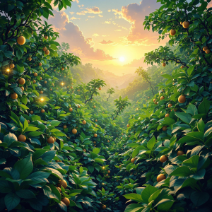 Vast digital garden brimming with luxuriant emerald plants, abstract data clouds swaying, and intricate circuit designs weaving. Icon-like fruits glow from branches, symbolizing prosperity. A gradient from sunrise warmth to evening cool illuminates this serene marketing metaphor.