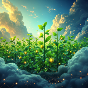 Vast digital garden with lush, green plants rising amidst abstract, swirling data clouds and intricate circuit patterns. Fruits resembling radiant, rounded icons hang from the plants, symbolizing success. Transitioning warm sunrise to cool evening colors bathe the serene scene, evoking growth and marketing cultivation.