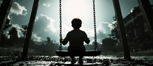 a boy sitting on a swing, cinematic photography, film-style, cinematic lighting, widescreen, storytelling, dramatic shadows, high contrast